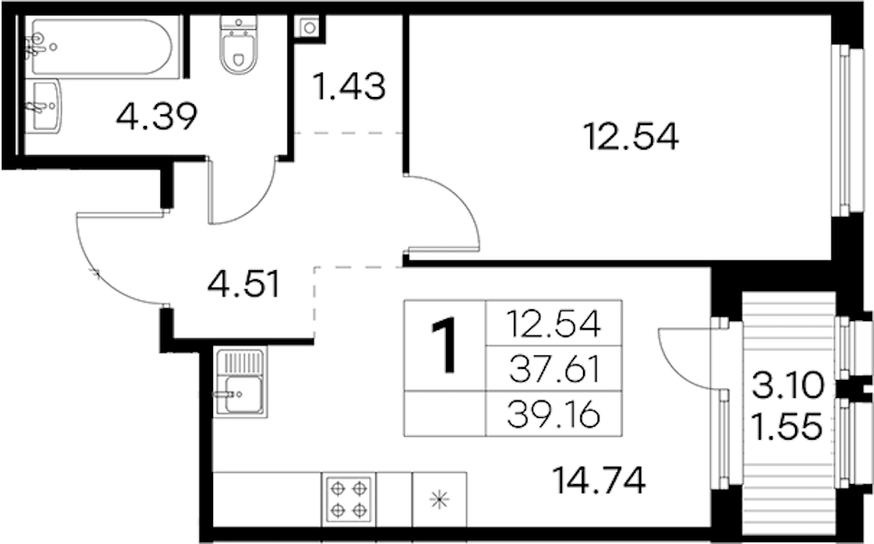1-комнатная квартира 39.16 м², 4/15 эт., ЖК «GloraX Парголово»